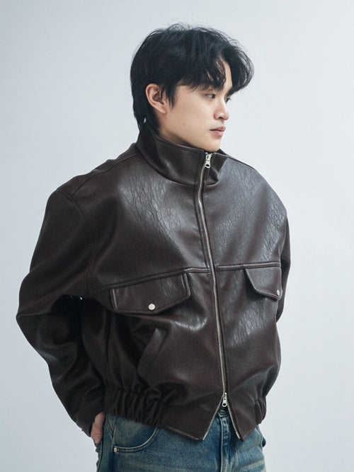 經典立領紋理皮外套